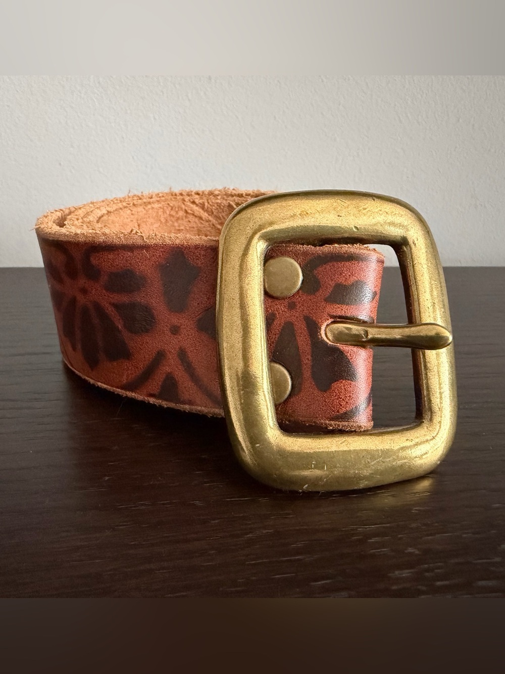 Vintage Lucky Brand - Leather Belt with Brass Buckle - Brown Floral